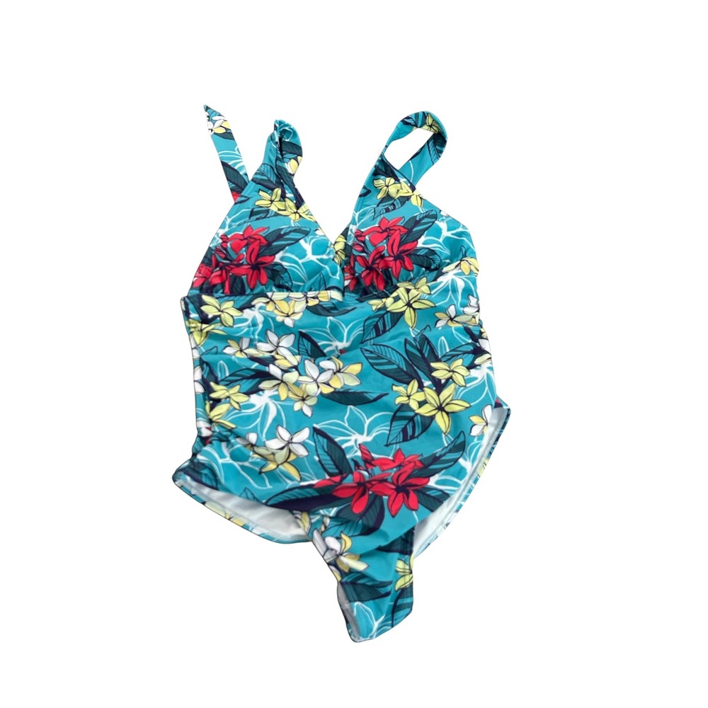 Nanu Womens Tropical Floral One Piece Swimsuit Teal Blue V-Neck Size M New